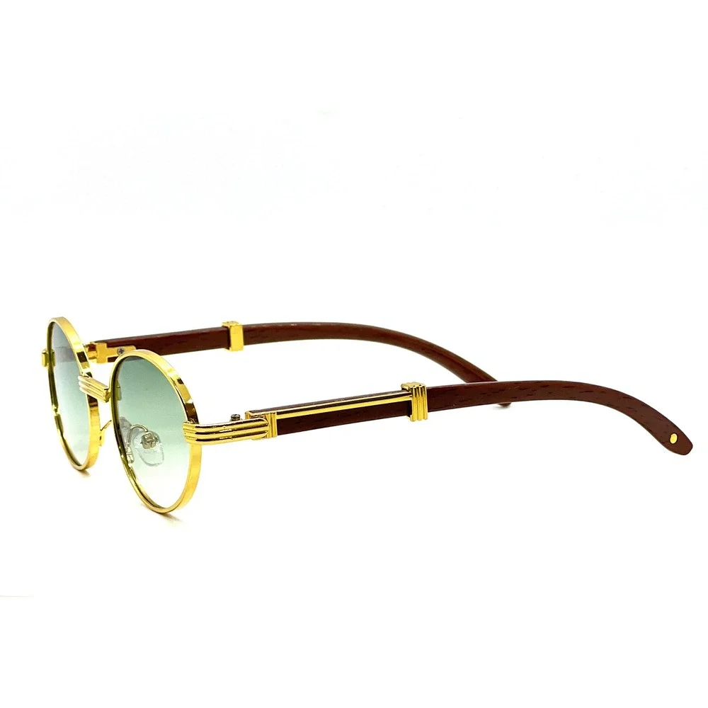 Mens Gold Round Sunglasses‎ Green Gradient Lenses Wood Accents UV400 Protection